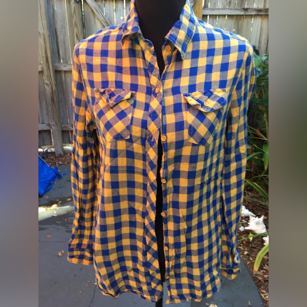 Arizona Jean Co Cotton Blue & Yellow Shirt Size Small
